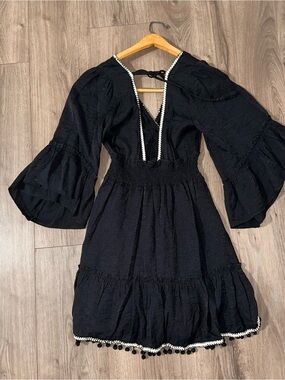 Flying Tomato Black Dress Mini Pom Pom Trim Bell Sleeves V-Neckline